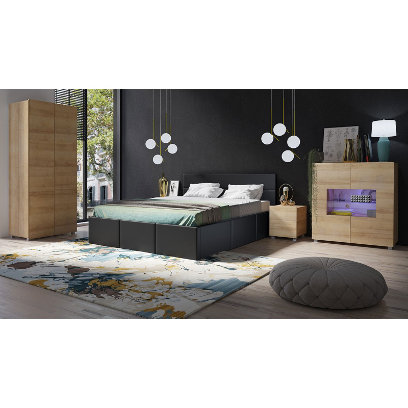 Spálňová zostava s LED modrým osvetlením a s posteľou 160x200 cm CHEMUNG - dub zlatý / čierna ekokoža