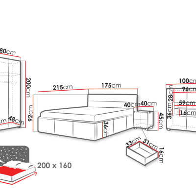 Spálňová zostava s LED modrým osvetlením a s posteľou 160x200 cm CHEMUNG - biela / lesklá biela / biela ekokoža