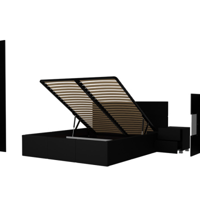 Spálňová zostava s LED bielym osvetlením a s posteľou 160x200 cm CHEMUNG - čierna / lesklá čierna / čierna ekokoža