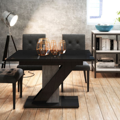 Rozkladací jedálenský stôl KUIARA - čierna lesklá / kameň