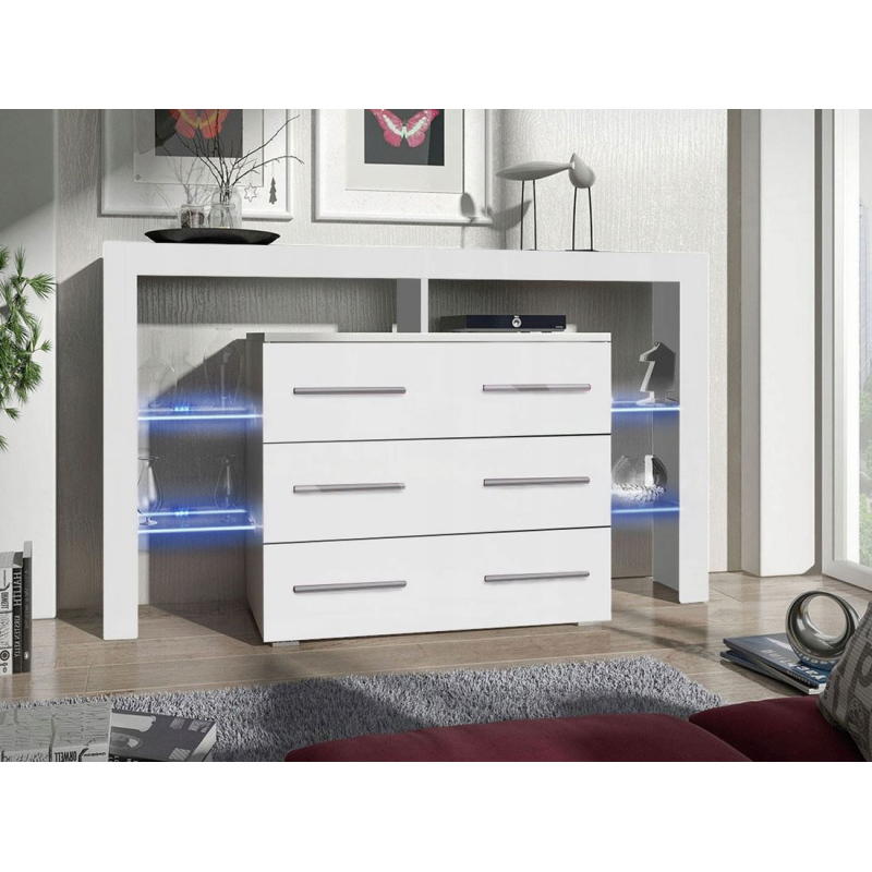 Komoda so zásuvkami a LED osvetlením CLANE 2 - biela / lesklá biela