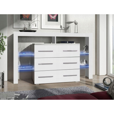 Komoda so zásuvkami a LED osvetlením CLANE 2 - biela / lesklá biela