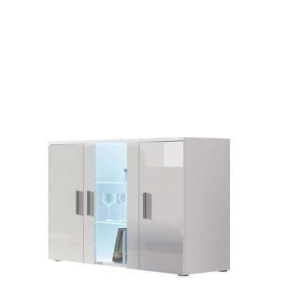 Presklená komoda s LED modrým osvetlením KARA - biela / lesklá biela