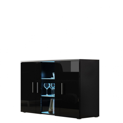 Presklená komoda s LED modrým osvetlením KARA - čierna / lesklá čierna