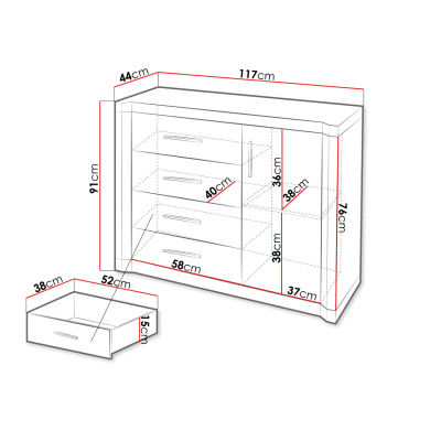 Kombinovaná komoda ARIKA - šírka 117 cm, dub hľuzovka