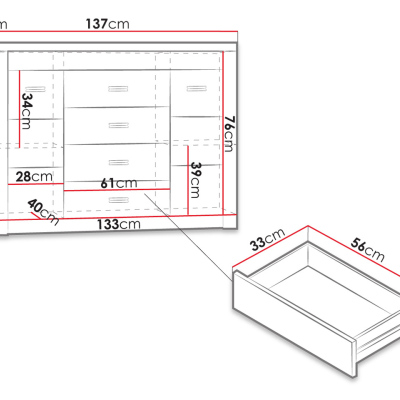 Komoda s LED osvetlením CHALAPATA - šírka 137 cm, jaseň svetlý