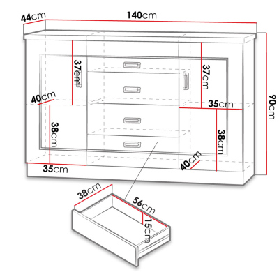 Kombinovaná komoda MERLO - šírka 140 cm, dub