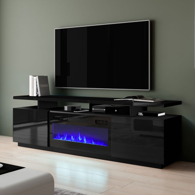 Televízny stolík s krbom SALTA - lesklý čierny / čierny