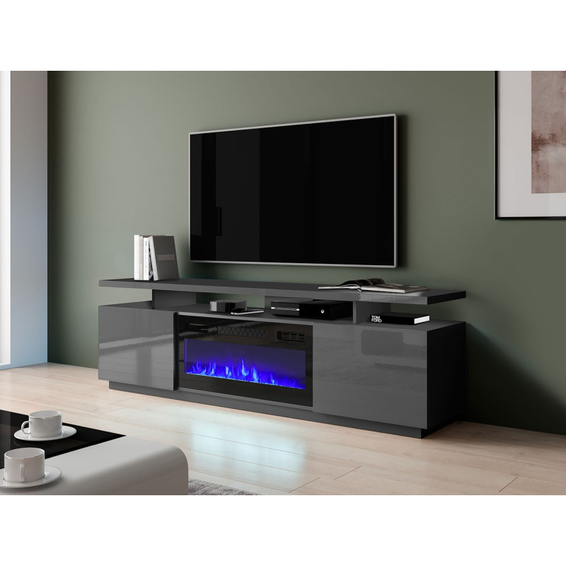 Televízny stolík s krbom SALTA - grafitový / lesklý grafitový / čierny 