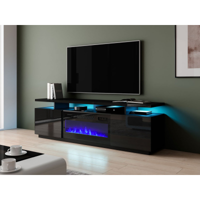 Televízny stolík s krbom a LED osvetlením SALTA - lesklý čierny / čierny