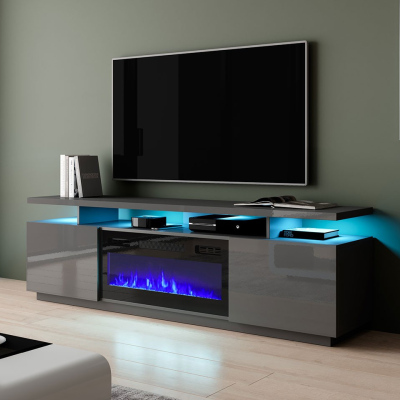 Televízny stolík s krbom a LED osvetlením SALTA - grafitový / lesklý grafitový / čierny