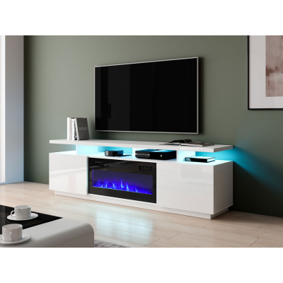 Televízny stolík s krbom a LED osvetlením SALTA - biely / lesklý biely / čierny