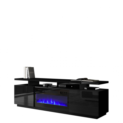 Televízny stolík s krbom a LED osvetlením SALTA - grafitový / lesklý grafitový / čierny