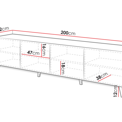 TV stolík 200 cm BERMEJO - čierny / lesklý čierny