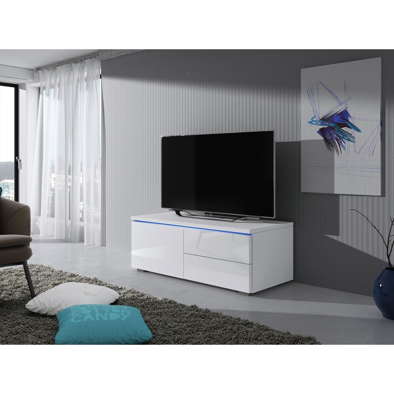 Televízny stolík s LED osvetlením FERNS 11 - biely / lesklý biely, ľavý