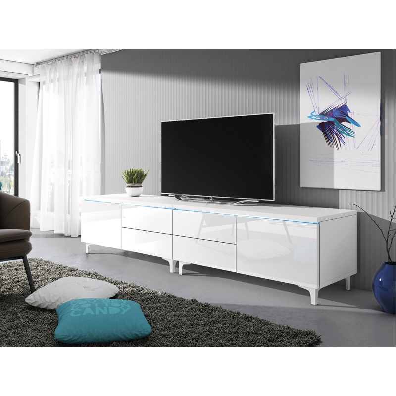 Televízny stolík na nožičkách s LED osvetlením FERNS 11 - biely / lesklý biely