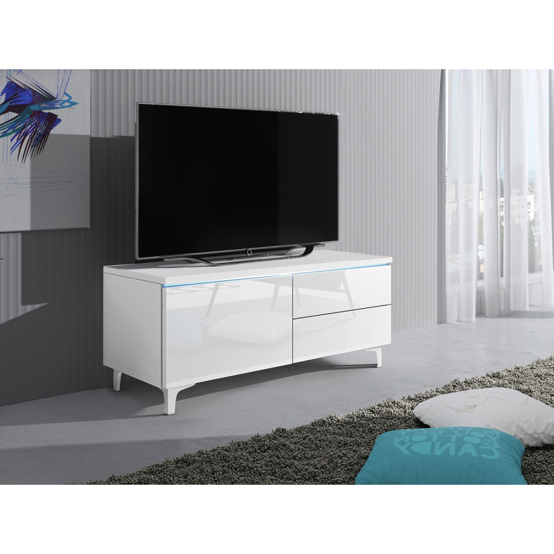 Televízny stolík na nožičkách s LED osvetlením FERNS 11 - biely / lesklý biely, ľavý