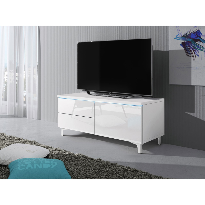 Televízny stolík na nožičkách s LED osvetlením FERNS 11 - biely / lesklý biely, pravý