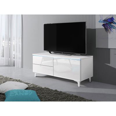 Televízny stolík na nožičkách s LED osvetlením FERNS 11 - biely / lesklý biely, pravý