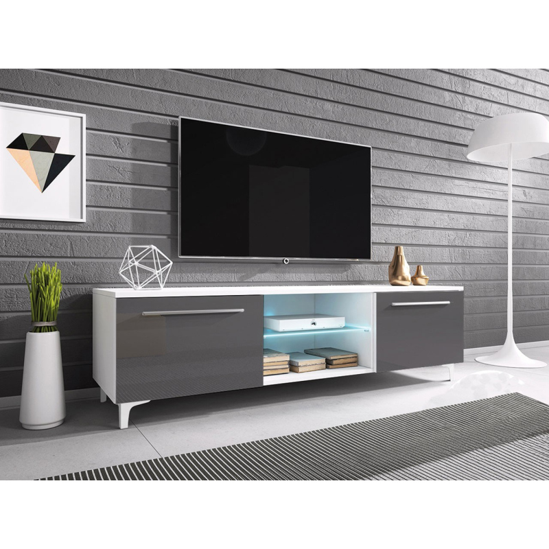 Televízny stolík na nožičkách s LED osvetlením FERNS 13 - biely / lesklý šedý