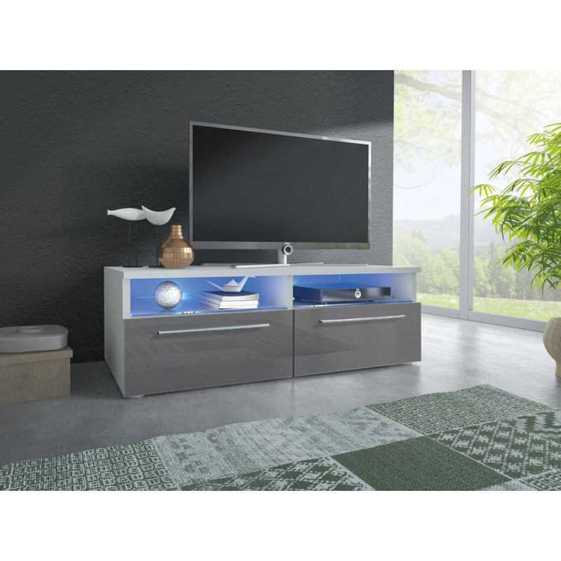 Televízny stolík s LED osvetlením FERNS 6 - biely / lesklý šedý
