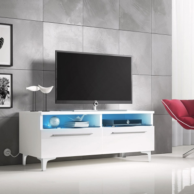 Televízny stolík na nožičkách s LED osvetlením FERNS 6 - biely / lesklý biely