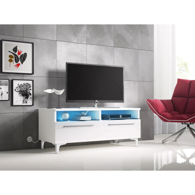 Televízny stolík na nožičkách s LED osvetlením FERNS 6 - biely / lesklý biely