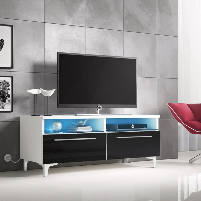 Televízny stolík na nožičkách s LED osvetlením FERNS 6 - biely / lesklý čierny