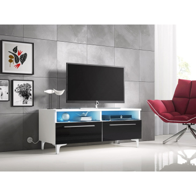 Televízny stolík na nožičkách s LED osvetlením FERNS 6 - biely / lesklý čierny
