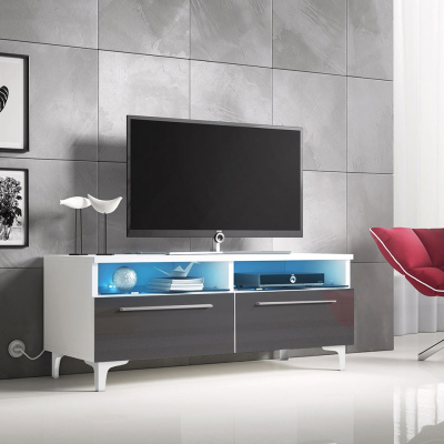 Televízny stolík na nožičkách s LED osvetlením FERNS 6 - biely / lesklý šedý