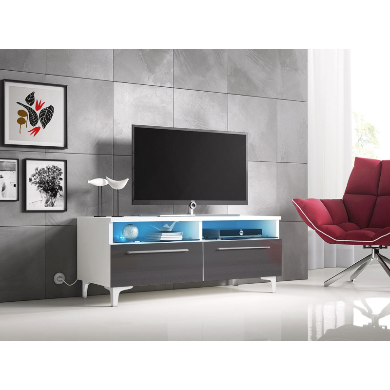 Televízny stolík na nožičkách s LED osvetlením FERNS 6 - biely / lesklý šedý