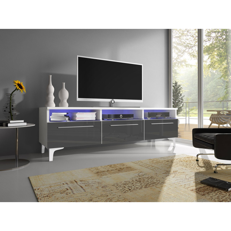 Televízny stolík na nožičkách s LED osvetlením FERNS 2 - biely / lesklý šedý