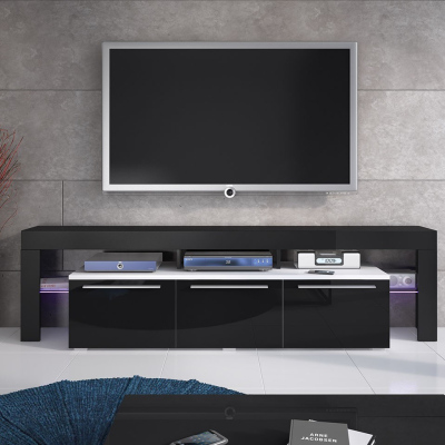 Televízny stolík s LED osvetlením LAME - biely / lesklý čierny
