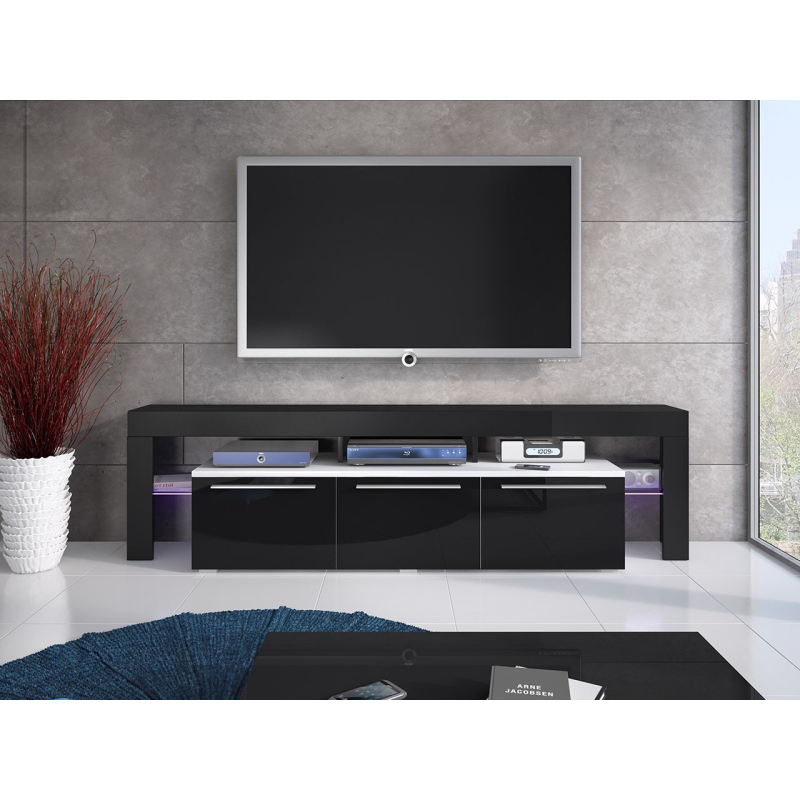 Televízny stolík s LED osvetlením LAME - biely / lesklý čierny