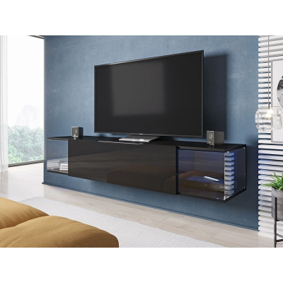 TV stolík s LED modrým osvetlením ASHTON 2 - čierny / lesklý čierny