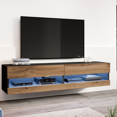 TV stolík s LED modrým osvetlením 180 cm ASHTON 1 - čierny / dub wotan