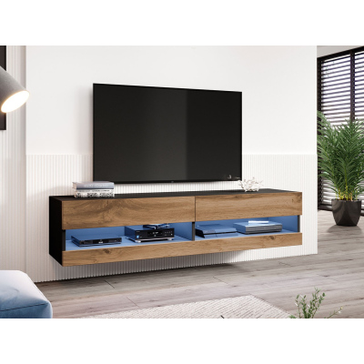 TV stolík s LED modrým osvetlením 180 cm ASHTON 1 - čierny / dub wotan
