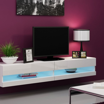 TV stolík s LED modrým osvetlením 180 cm ASHTON 1 - biely / lesklý biely