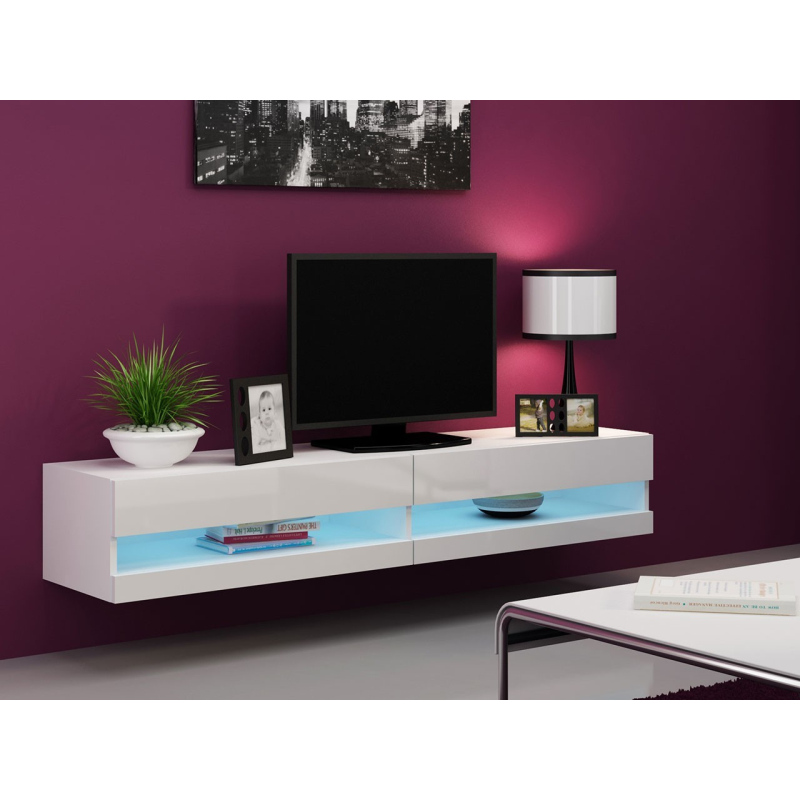 TV stolík s LED modrým osvetlením 180 cm ASHTON 1 - biely / lesklý biely