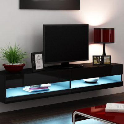 TV stolík s LED bielym osvetlením 180 cm ASHTON 1 - čierny / lesklý čierny
