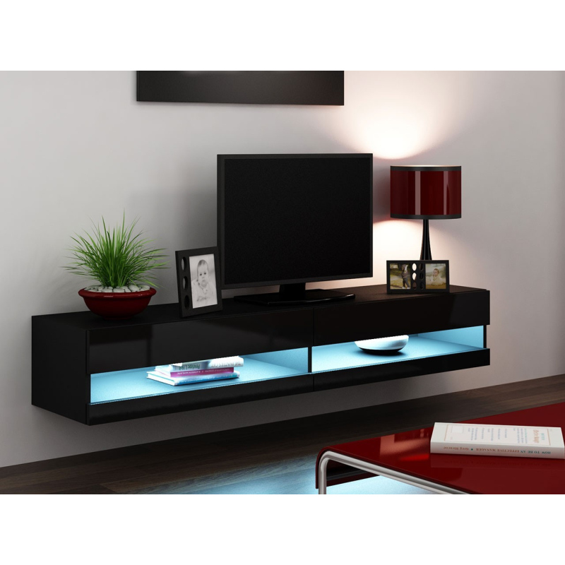 TV stolík s LED modrým osvetlením 180 cm ASHTON 1 - čierny / lesklý čierny