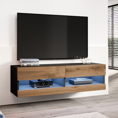 TV stolík s LED modrým osvetlením 140 cm ASHTON 1 - čierny / dub wotan