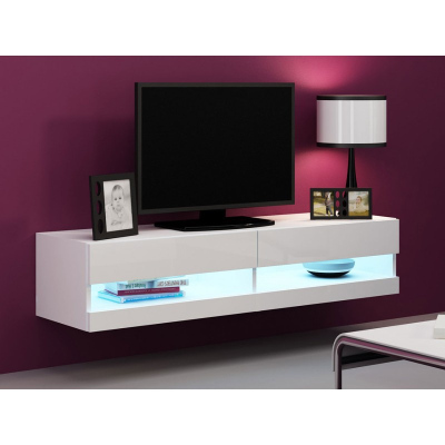 TV stolík s LED bielym osvetlením 140 cm ASHTON 1 - biely / lesklý biely