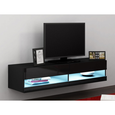 TV stolík s LED bielym osvetlením 140 cm ASHTON 1 - čierny / lesklý čierny