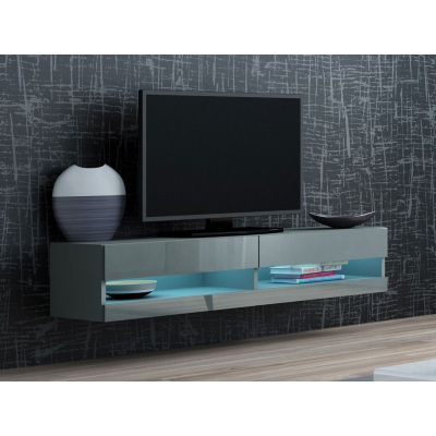 TV stolík s LED modrým osvetlením 140 cm ASHTON 1 - šedý / lesklý šedý