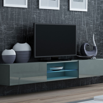 Televízny stolík so sklenenou poličkou ASHTON - šedý / lesklý šedý