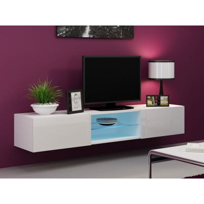 Televízny stolík so sklenenou poličkou a LED modrým osvetlením ASHTON - biely / lesklý biely
