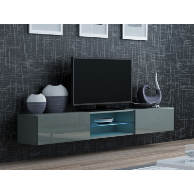 Televízny stolík so sklenenou poličkou a LED RGB osvetlením ASHTON - šedý / lesklý šedý