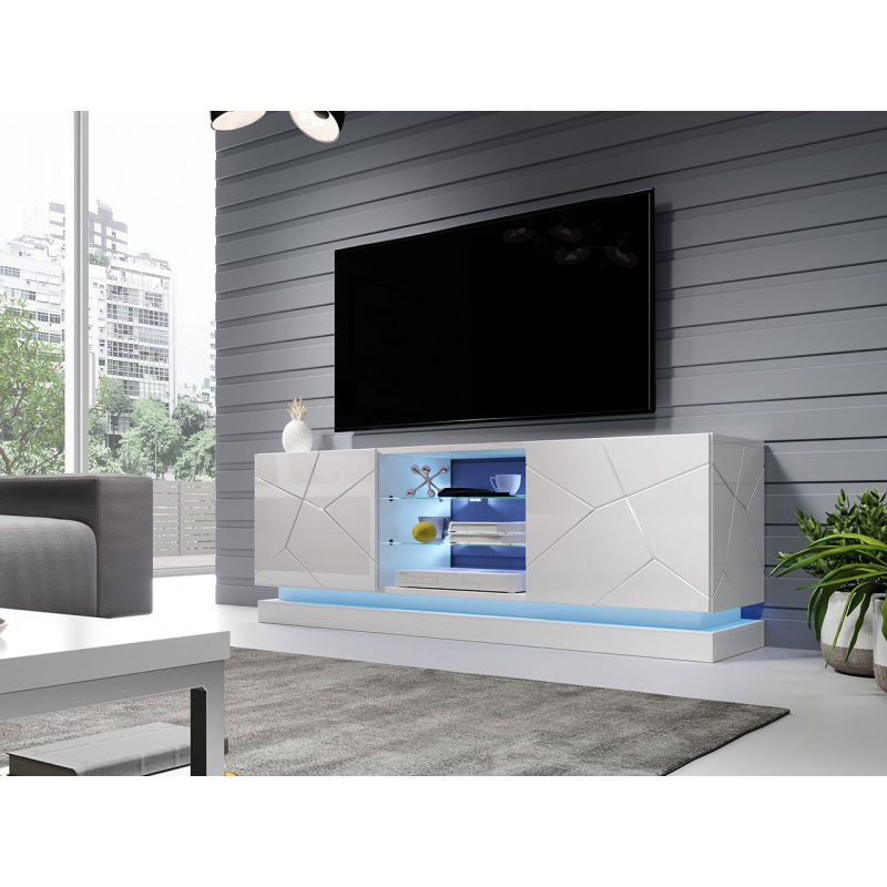 Televízny stolík s LED RGB osvetlením 160 cm LIMA - biely / lesklý biely