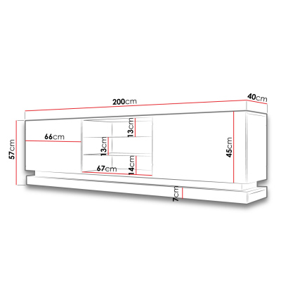 Televízny stolík 200 cm LIMA - biely / lesklý biely
